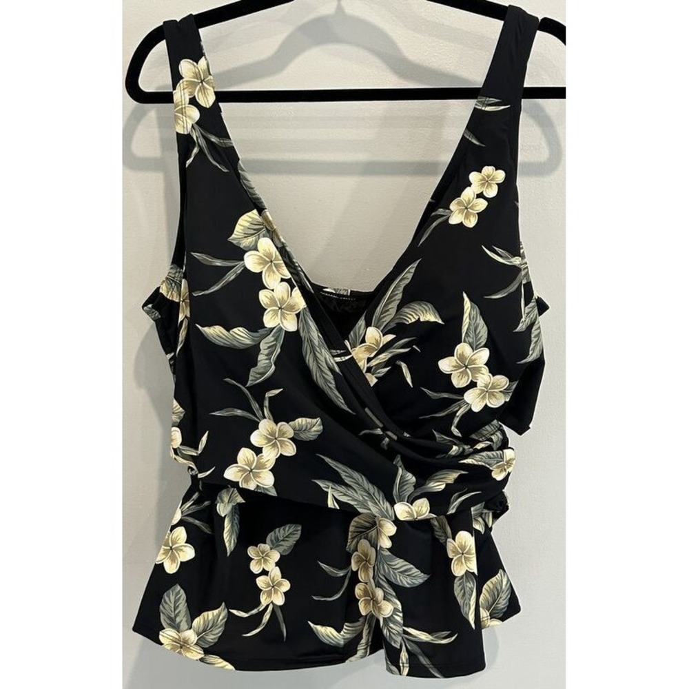 Land End Wrap Tankini Top Black Cream Floral Soft Cup Size 24W